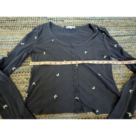 Navy Butterflies M Cyber Grunge L/S Scoop Neck Thin Knit Front Button Crop Sweat - Picture 5 of 6